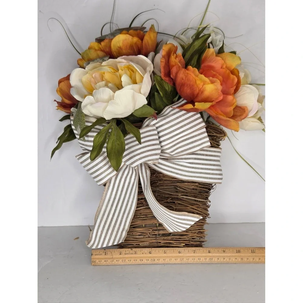 Ashland‎ Fall Peony Floral Wall Hanging Grapevine Straw Basket Farmhouse Country